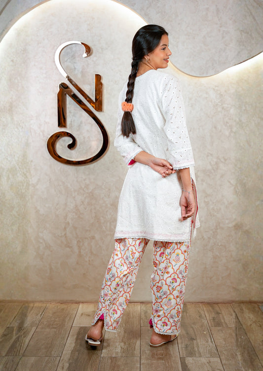 White Chikankari Kurta with Lace & Tassel Detail Coord Set