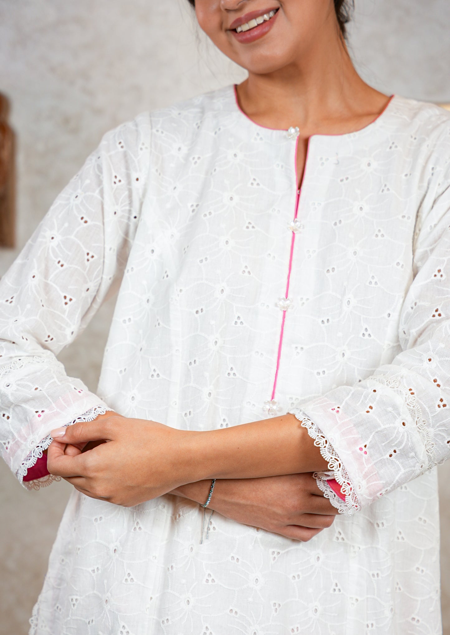 White Chikankari Kurta with Lace & Tassel Detail Coord Set