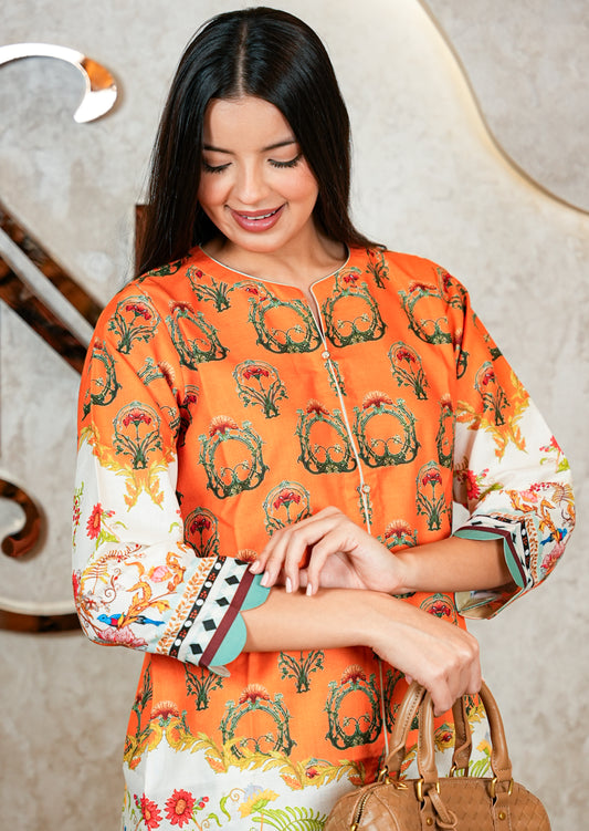 Orange Mandarin Collar Agraj Style Printed Coord Set