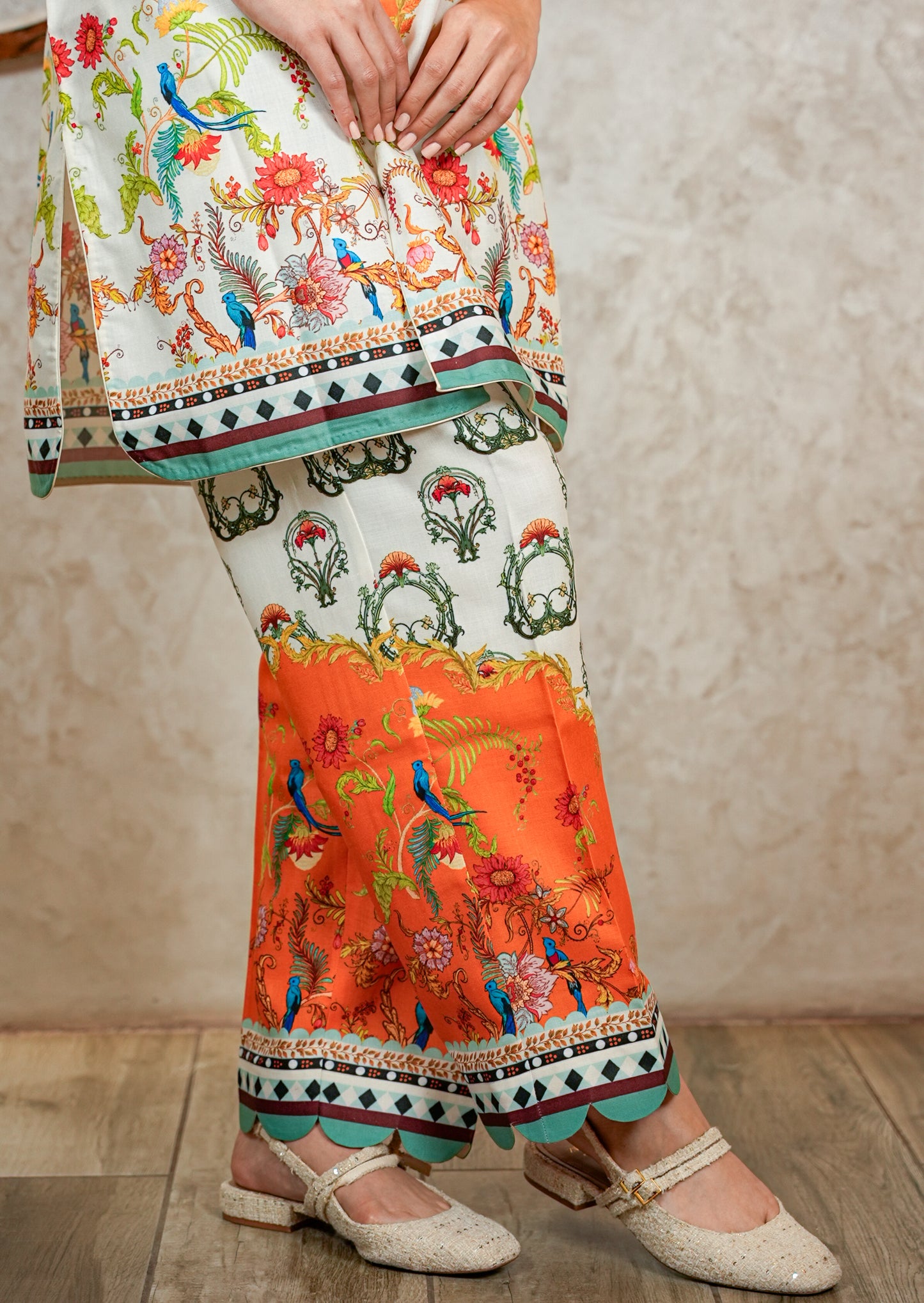 Orange Mandarin Collar Agraj Style Printed Coord Set