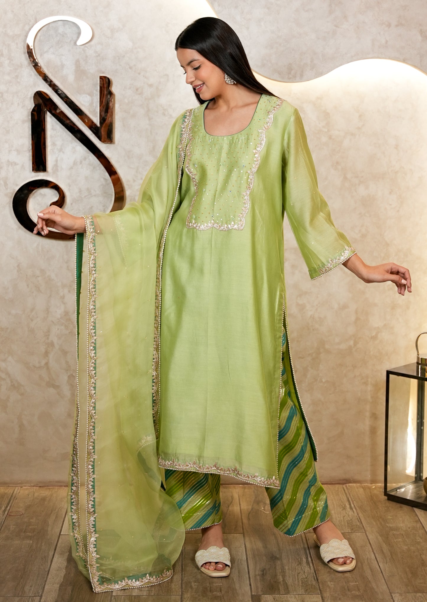 Light Green Chanderi Suit with Organza Dupatta & Hand Embroidery