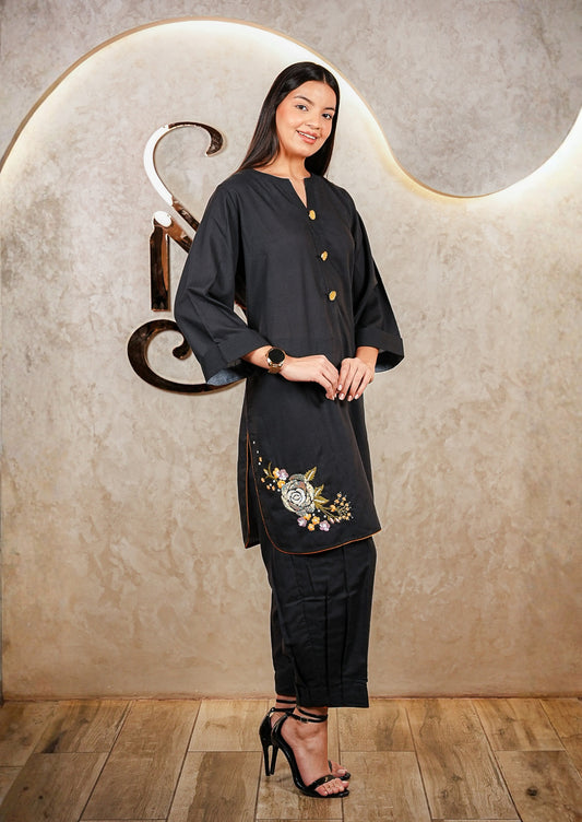 Black Floral Cut-Work Cotton Coord Set