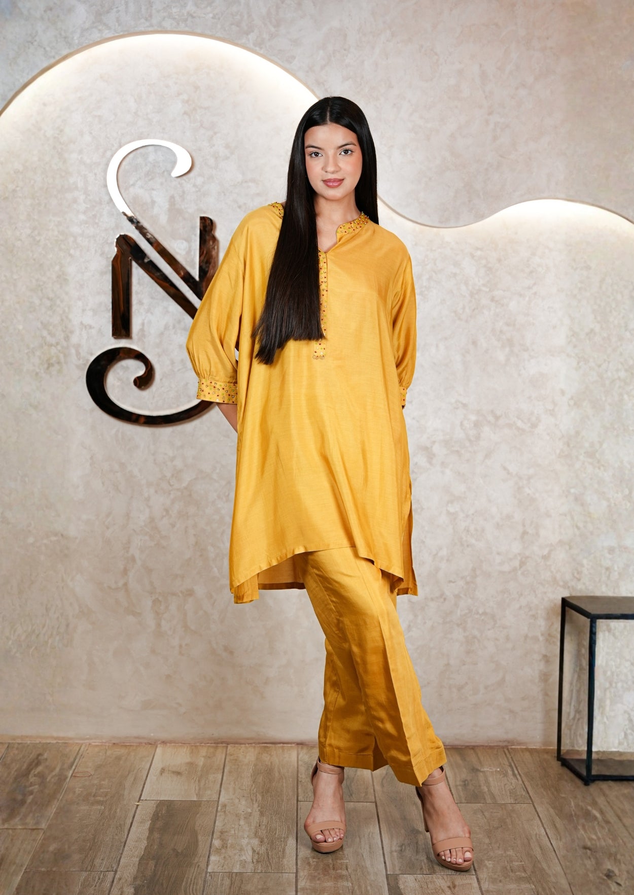 Mustard Yellow Muzlin High-Low Tunic Coord Set