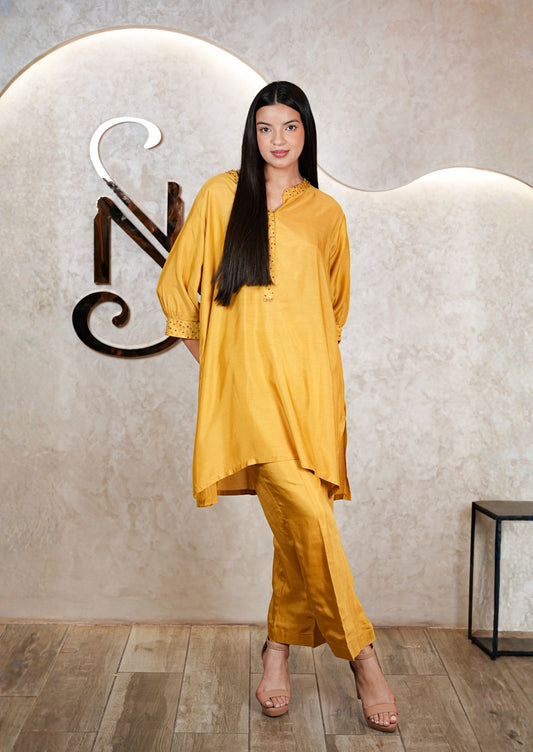 Mustard Yellow Muzlin High-Low Tunic Coord Set