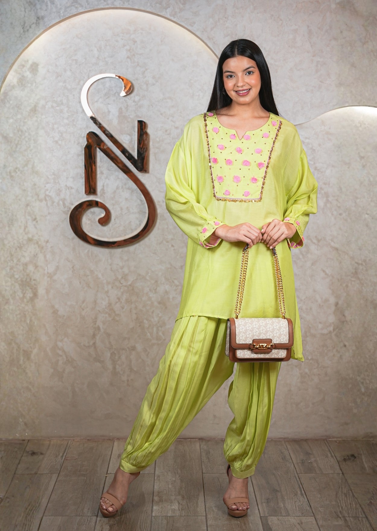 Neon Green Muzlin Kurta with Afghani Salwar Set