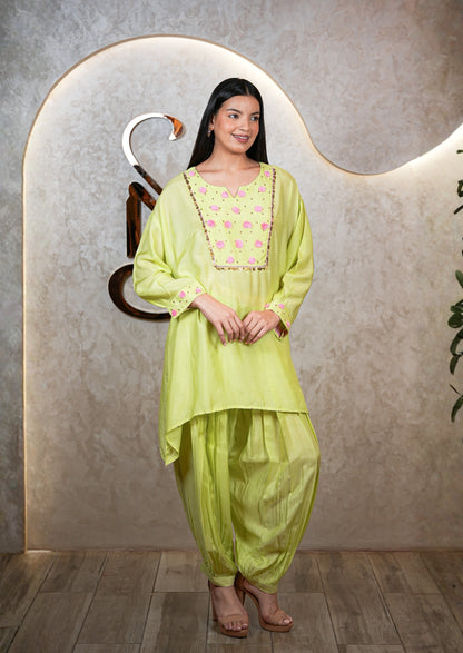 Neon Green Muzlin Kurta with Afghani Salwar Set