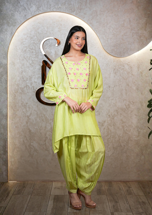 Neon Green Muzlin Kurta with Afghani Salwar Set