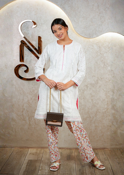 White Chikankari Kurta with Lace & Tassel Detail Coord Set