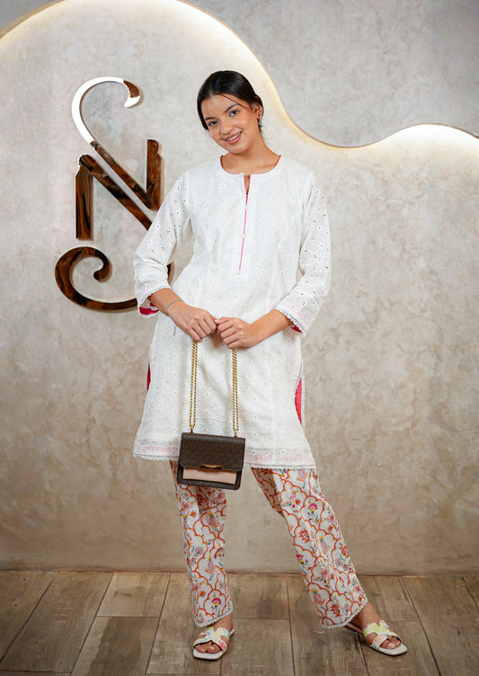 White Chikankari Kurta with Lace & Tassel Detail Coord Set