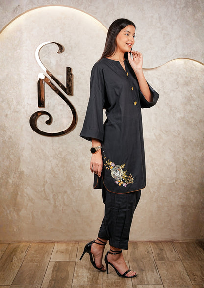 Black Floral Cut-Work Cotton Coord Set