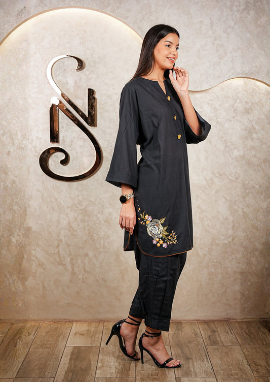 Black Floral Cut-Work Cotton Coord Set