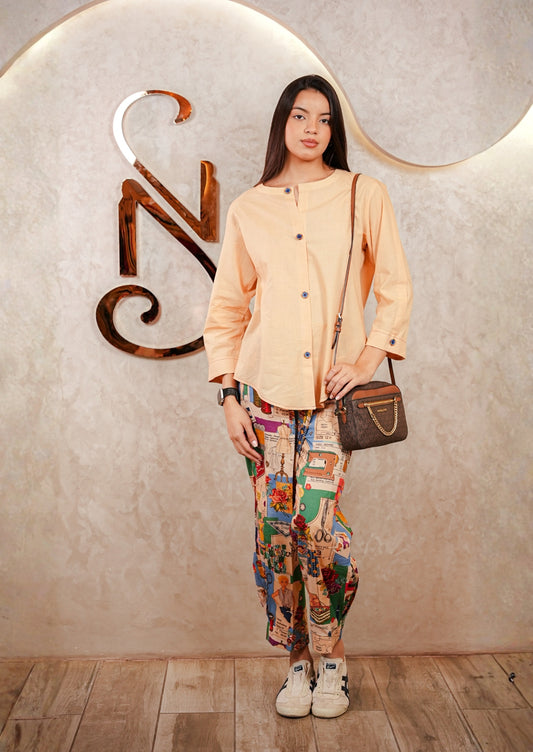 Peach Loose Fit Printed Box Pleated Coord Set