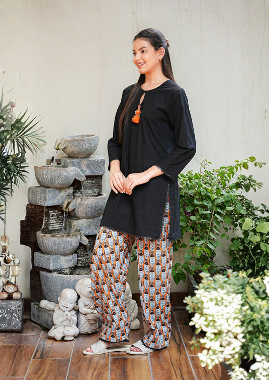 Black & Orange Printed Farshi Salwar Coord Set