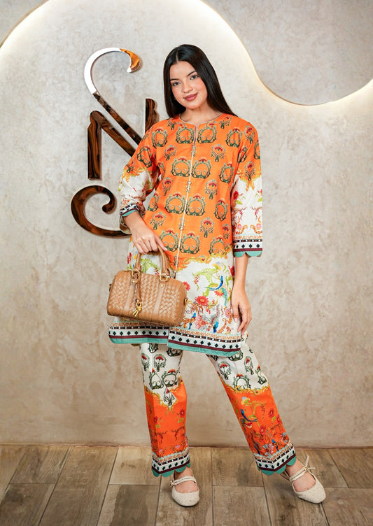 Orange Mandarin Collar Agraj Style Printed Coord Set