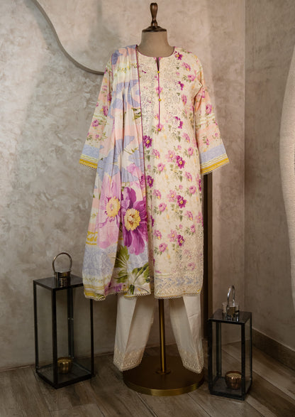 Lawn Floral Printed Suit Set With Parallel Pants & Lawn Dupatta