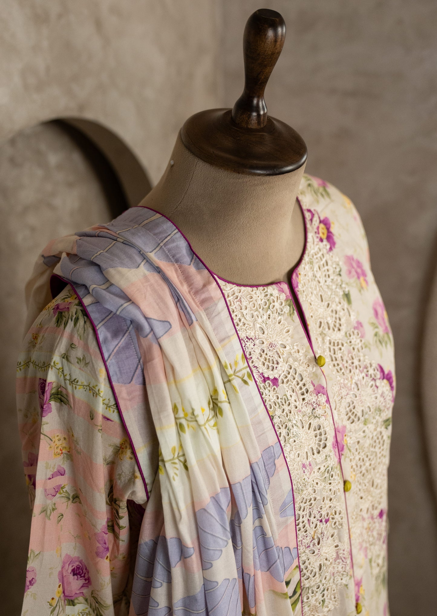 Lawn Floral Printed Suit Set With Parallel Pants & Lawn Dupatta
