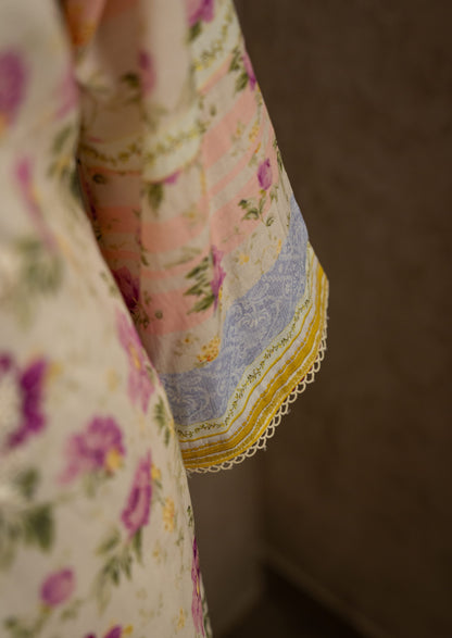 Lawn Floral Printed Suit Set With Parallel Pants & Lawn Dupatta