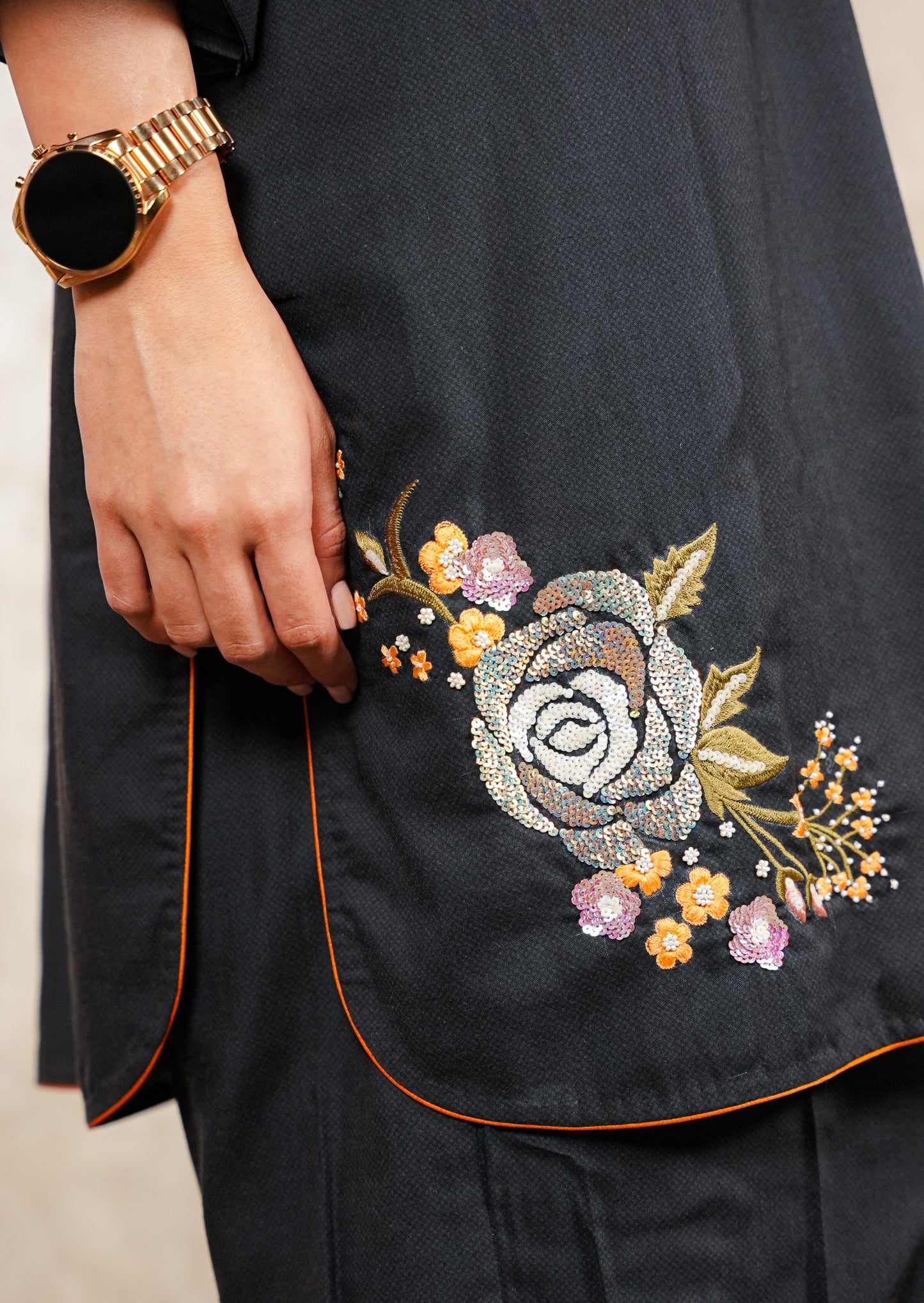 Black Floral Cut-Work Cotton Coord Set