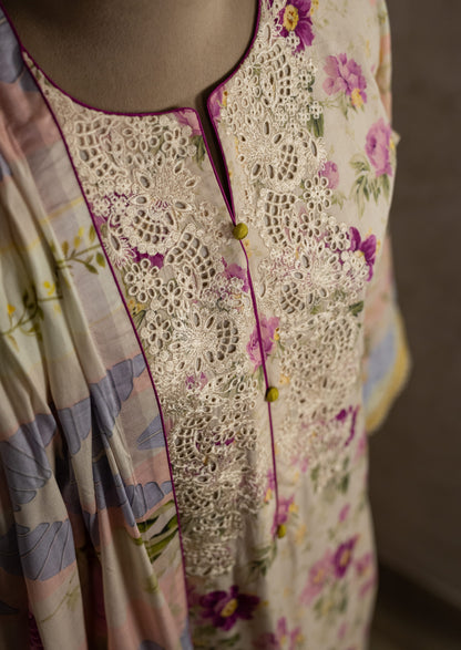Lawn Floral Printed Suit Set With Parallel Pants & Lawn Dupatta