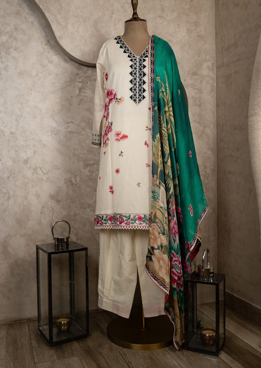 Lawn Printed Suit Set With Silk Dupatta