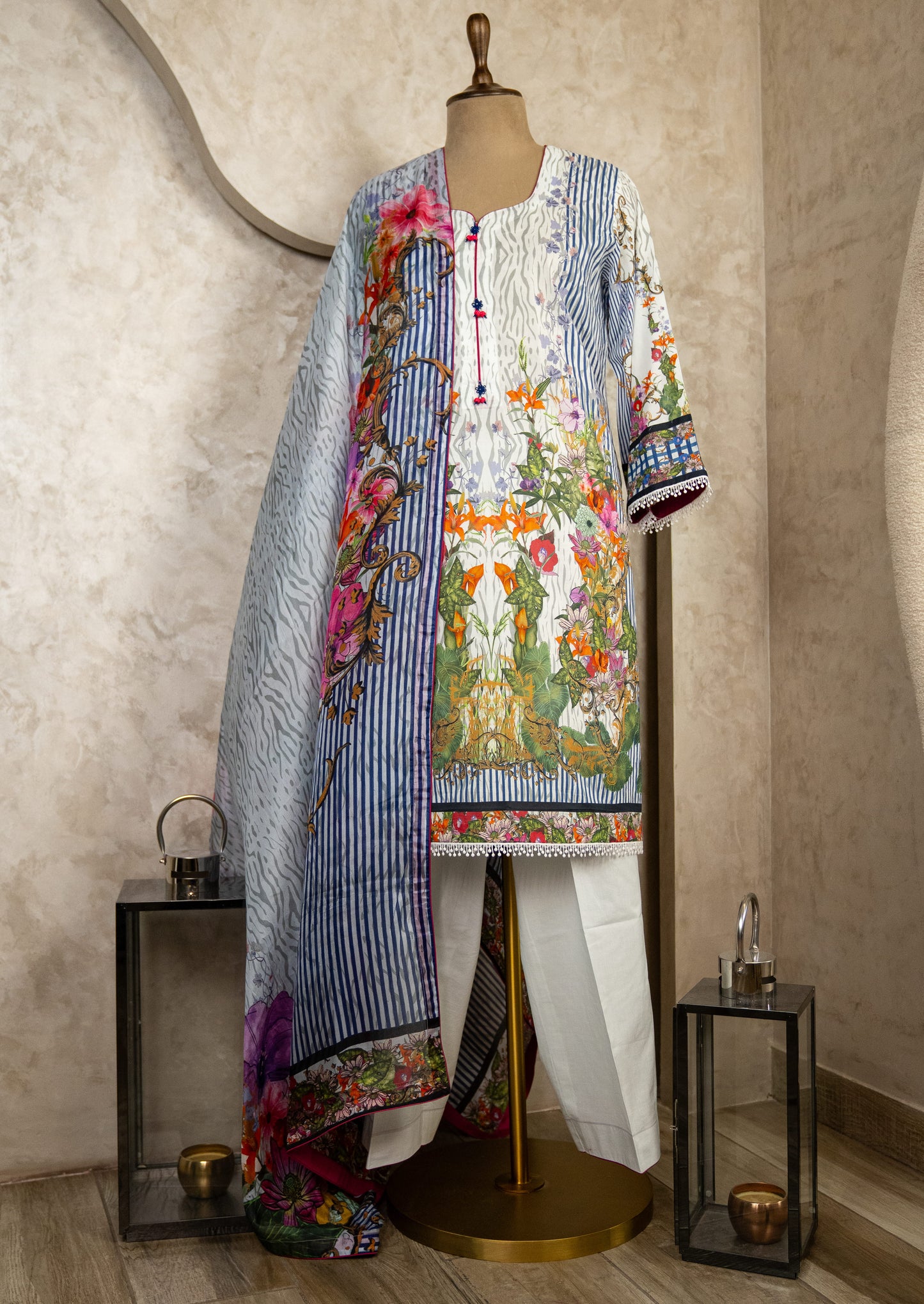 Lawn White/blue Suit Set With Silk Dupatta