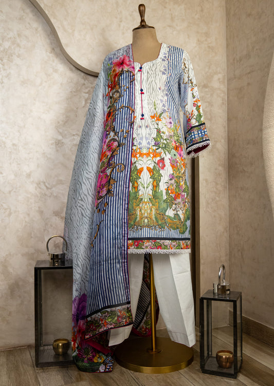 Lawn White/blue Suit Set With Silk Dupatta