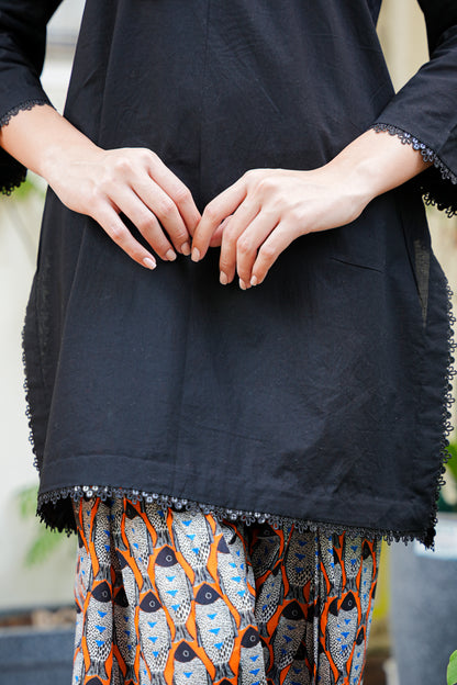 Black & Orange Printed Farshi Salwar Coord Set