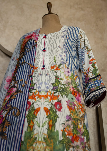 Lawn White/blue Suit Set With Silk Dupatta