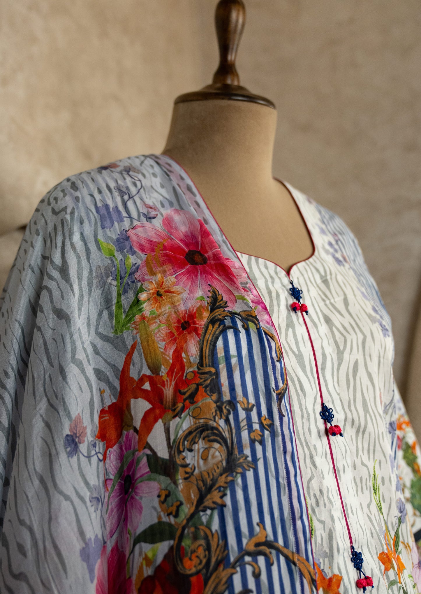 Lawn White/blue Suit Set With Silk Dupatta