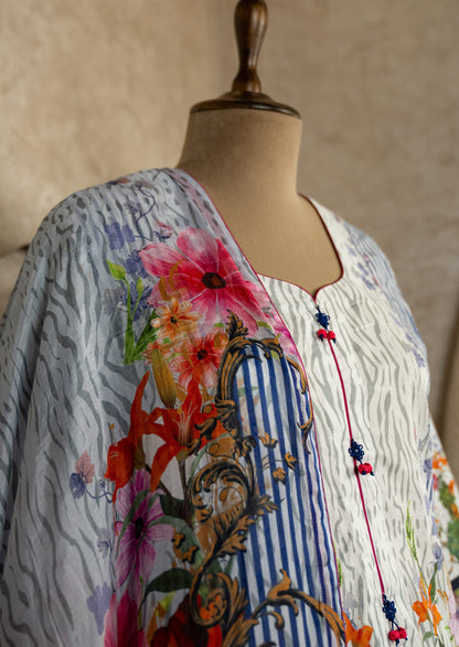 Lawn White/blue Suit Set With Silk Dupatta
