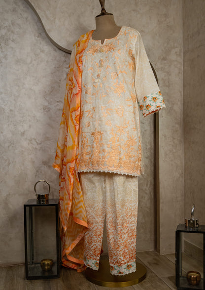 Embroidered Printed Suit Set With Pleated Pants & Chiffon Dupatta