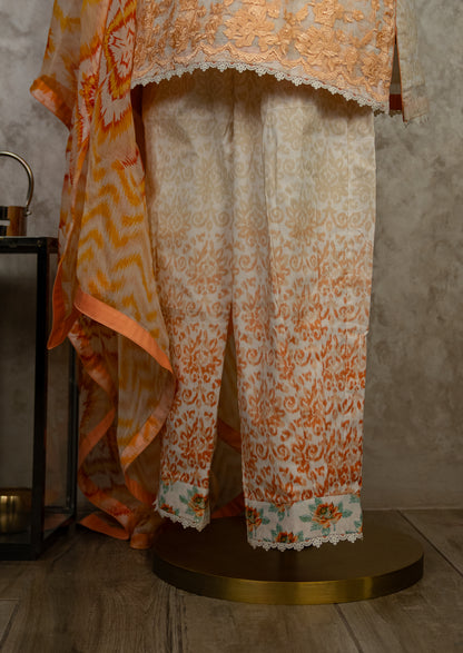 Embroidered Printed Suit Set With Pleated Pants & Chiffon Dupatta