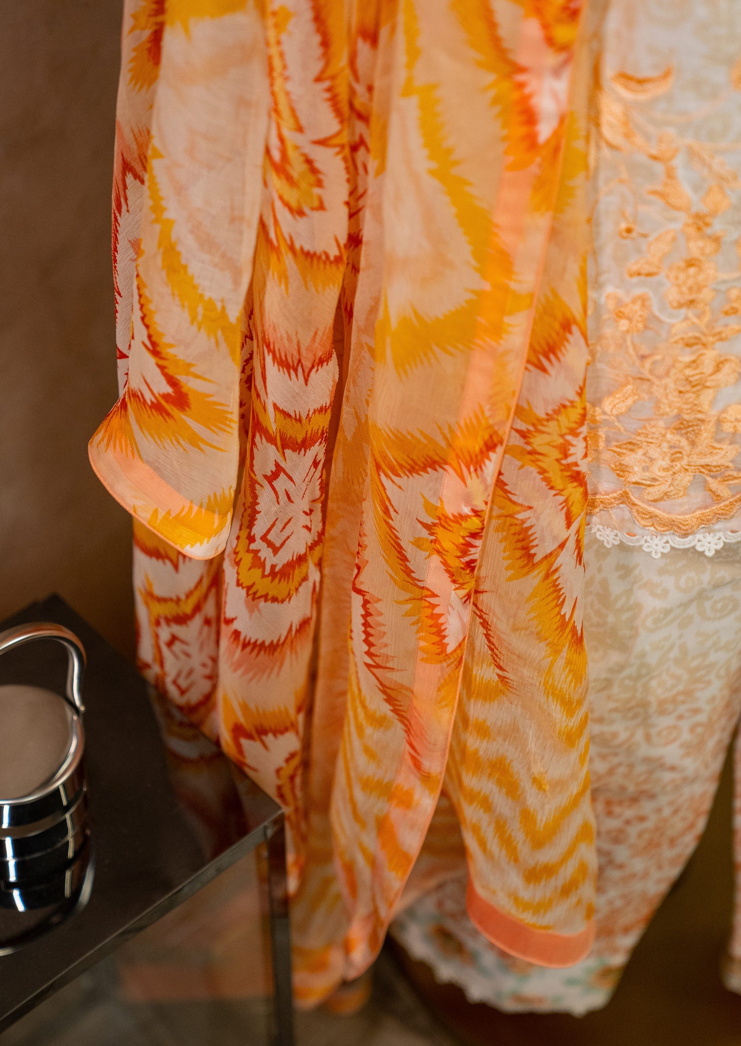 Embroidered Printed Suit Set With Pleated Pants & Chiffon Dupatta