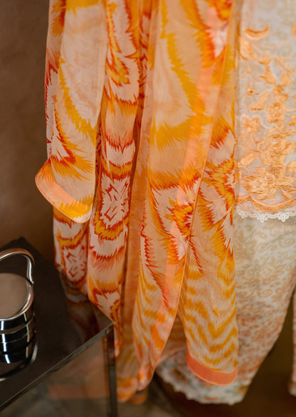 Embroidered Printed Suit Set With Pleated Pants & Chiffon Dupatta