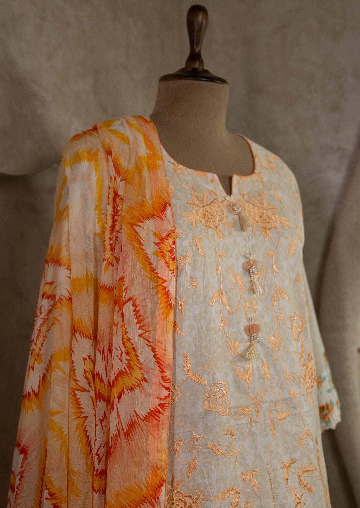 Embroidered Printed Suit Set With Pleated Pants & Chiffon Dupatta