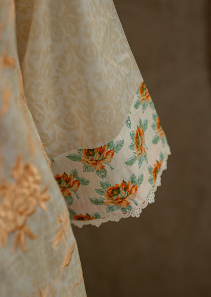 Embroidered Printed Suit Set With Pleated Pants & Chiffon Dupatta