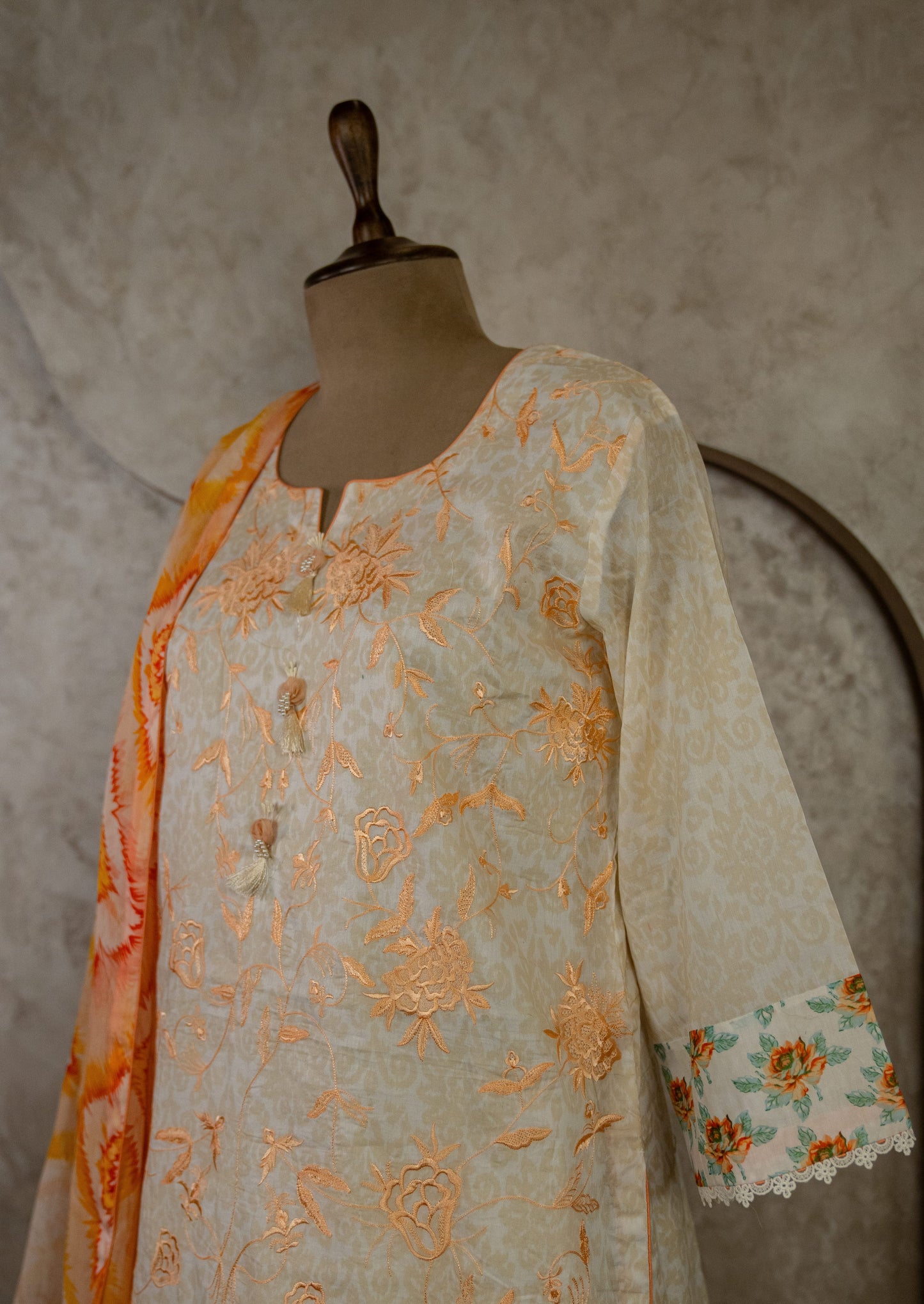 Embroidered Printed Suit Set With Pleated Pants & Chiffon Dupatta