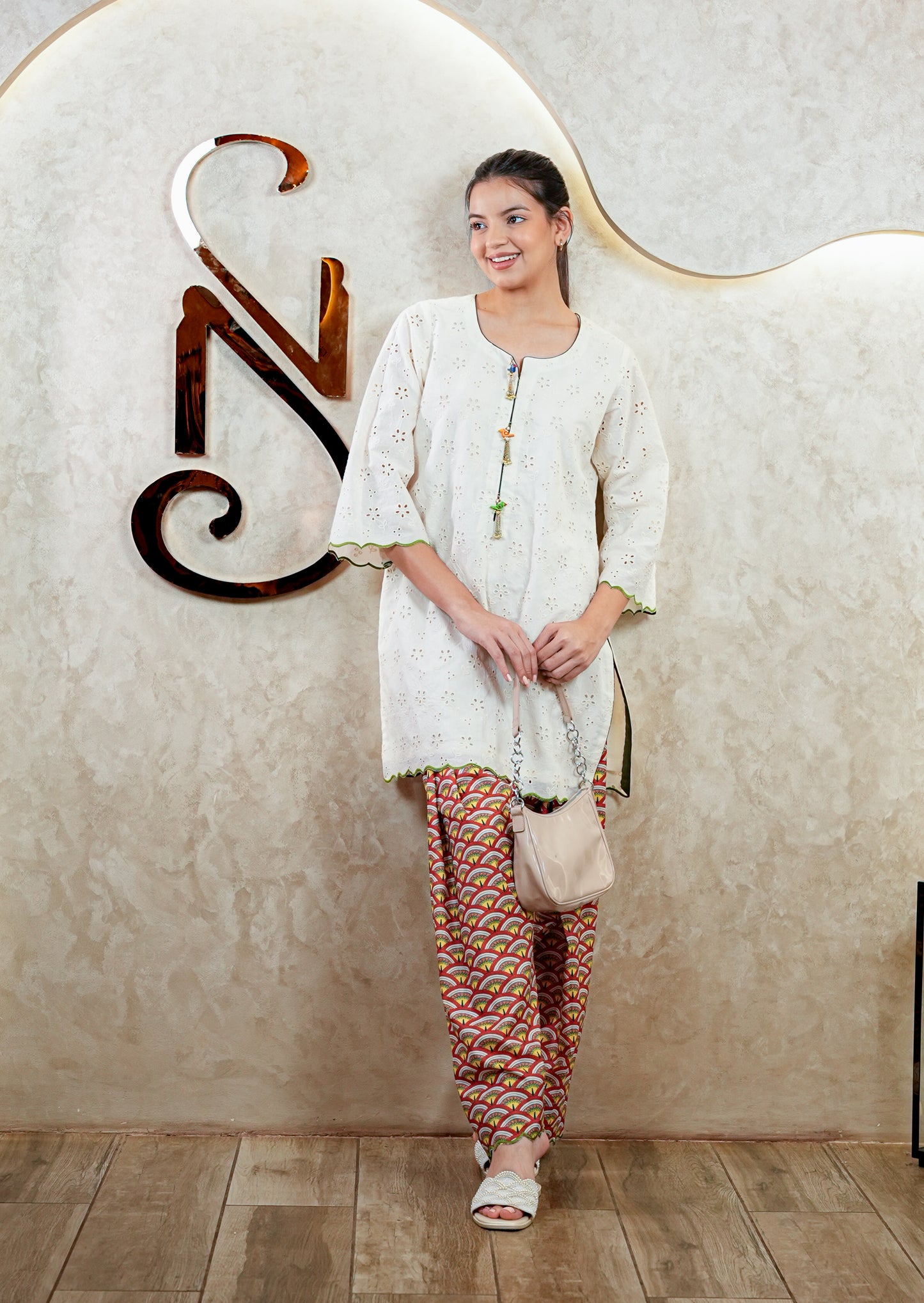 Off White Hakoba Kurta with Printed Farshi Salwar Set