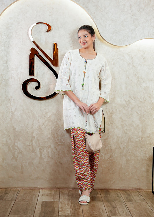 Off White Hakoba Kurta with Printed Farshi Salwar Set
