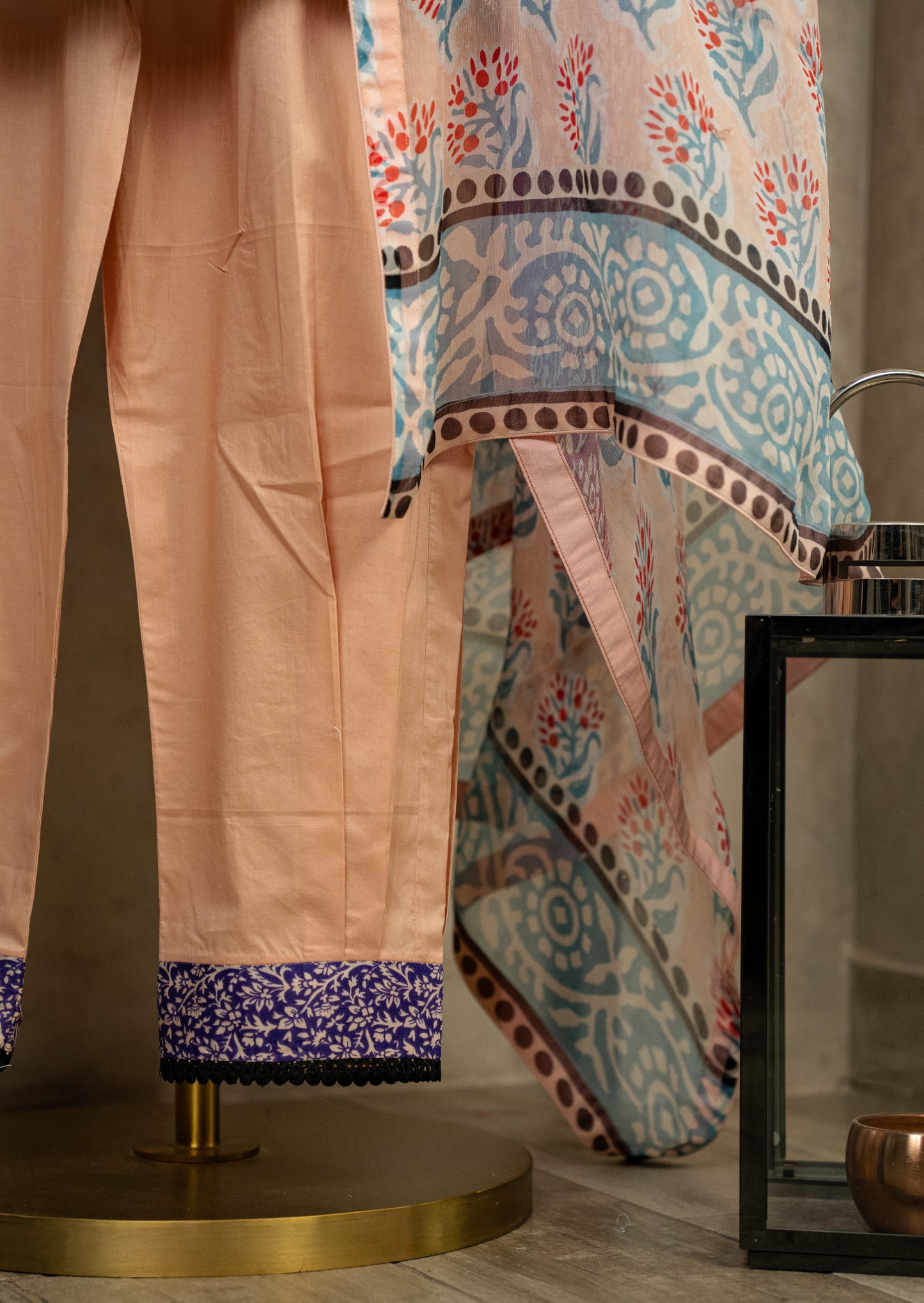 Printed Peach Suit Set With Pleated Pants & Chiffon Dupatta