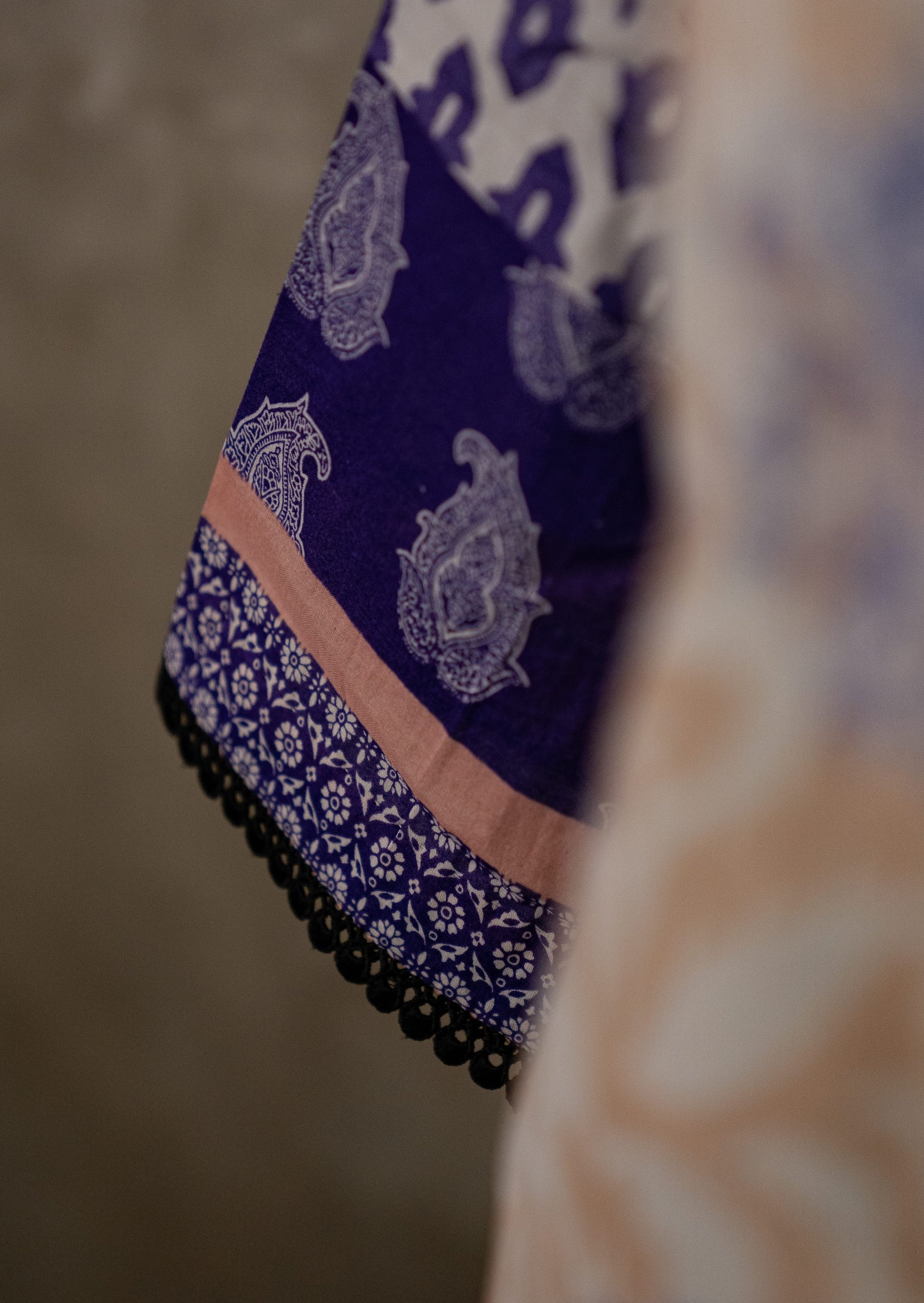 Printed Peach Suit Set With Pleated Pants & Chiffon Dupatta