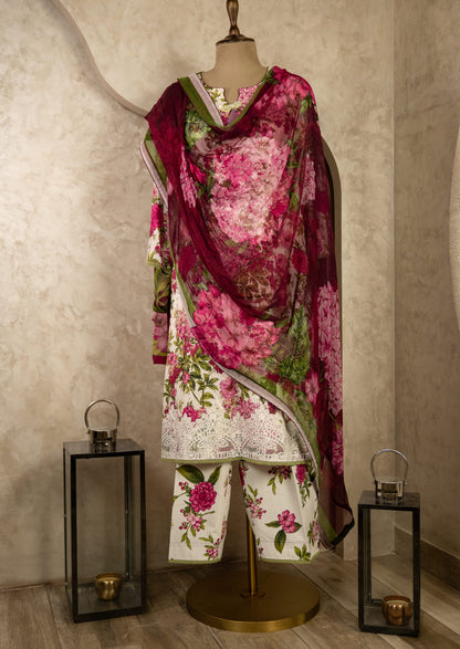Floral Printed Suit Set With Parallel Pants & Dupatta