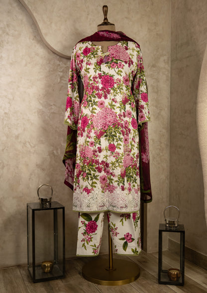 Floral Printed Suit Set With Parallel Pants & Dupatta