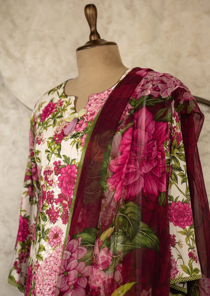 Floral Printed Suit Set With Parallel Pants & Dupatta