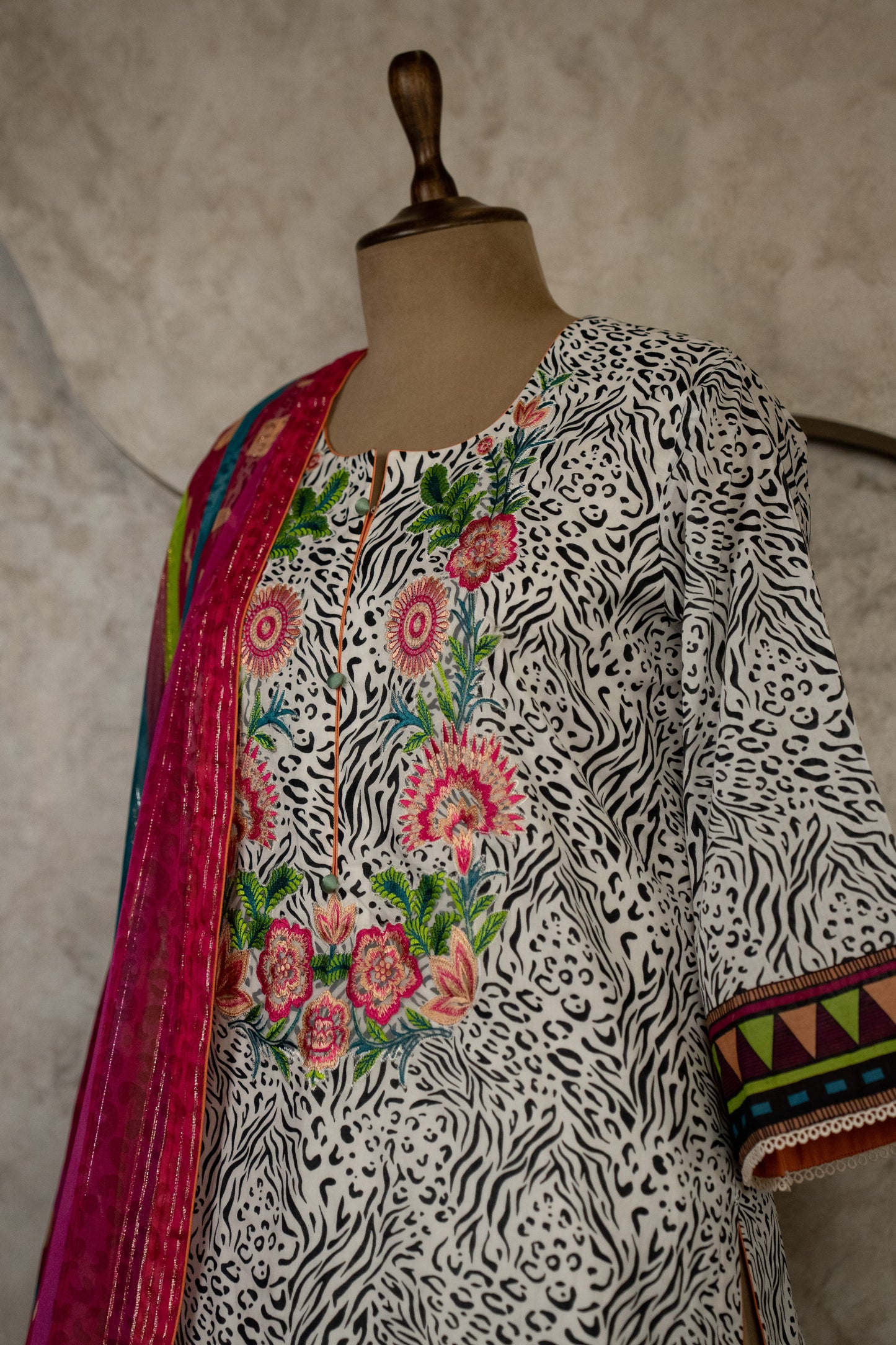 Animal Printed Suit Set With Multicolor Dupatta