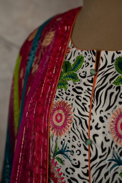 Animal Printed Suit Set With Multicolor Dupatta