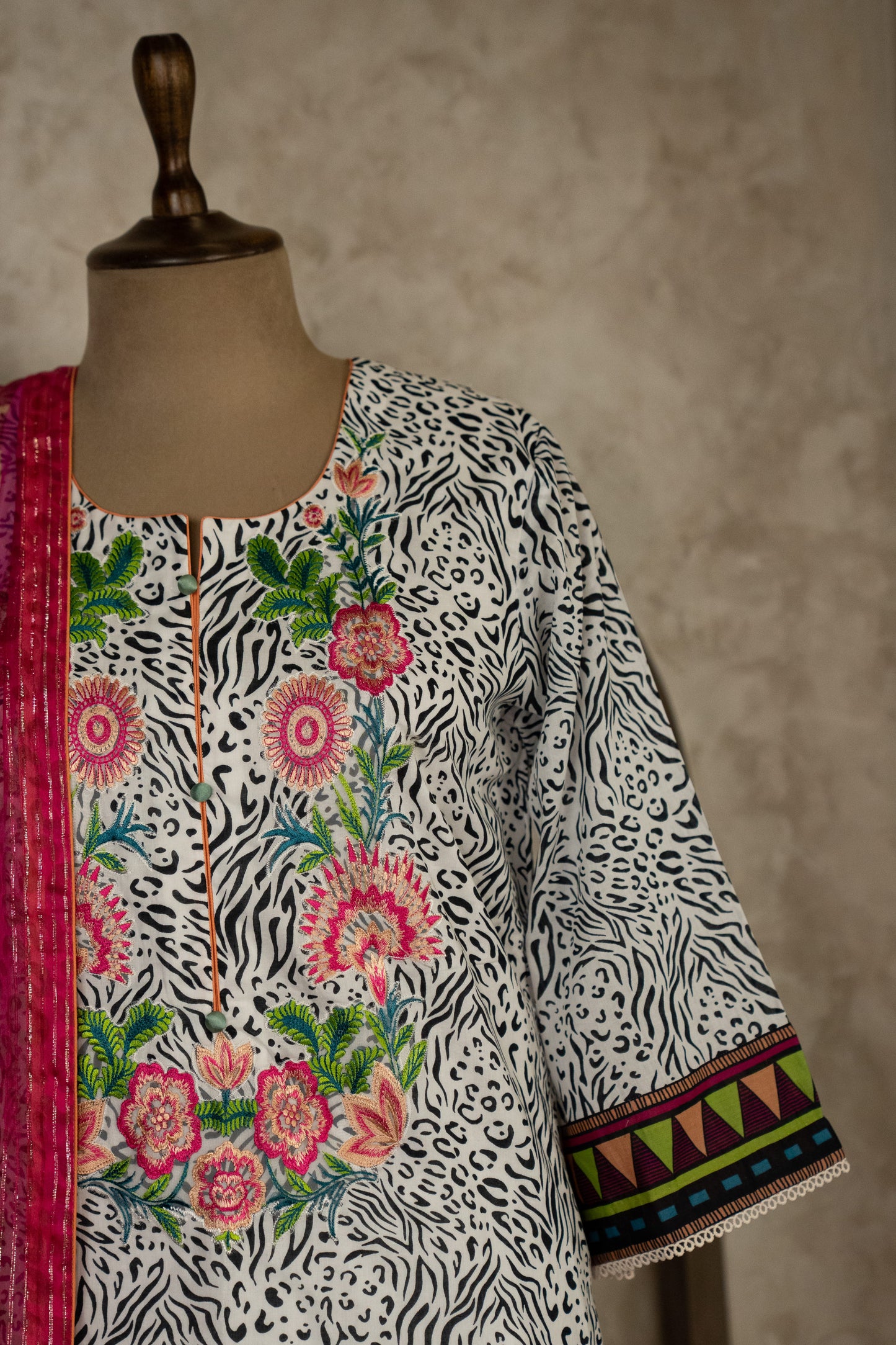 Animal Printed Suit Set With Multicolor Dupatta