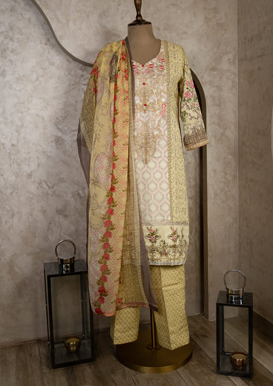Lime Printed Suit Set With Dupatta