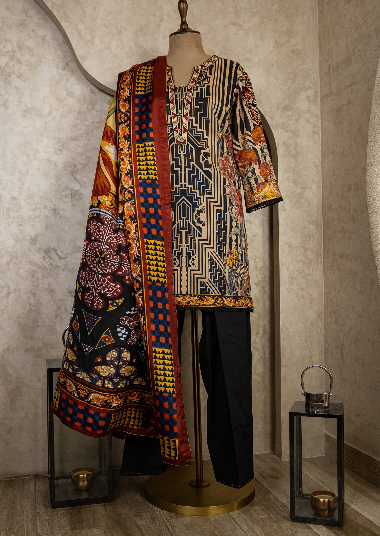 Black Multicolor Suit Set With Silk Dupatta