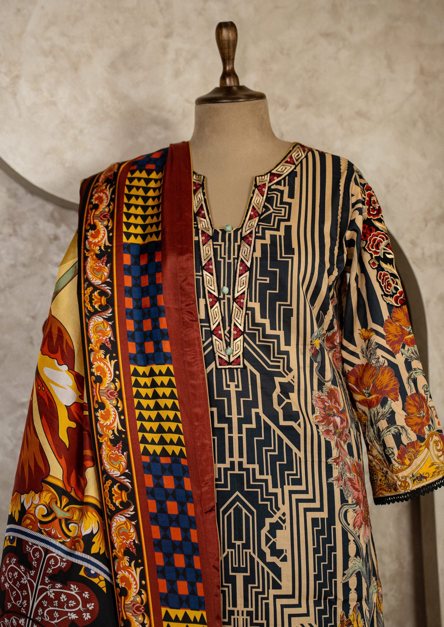 Black Multicolor Suit Set With Silk Dupatta